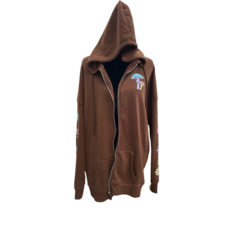 Faded Rise Brown Mushroom Have A Nice Trip Zip Up Hoodie Sweatshirt Large